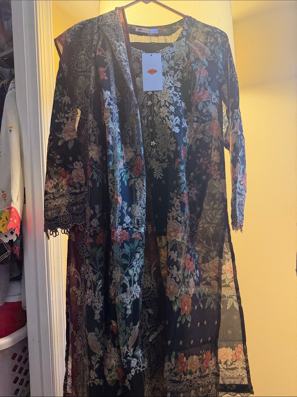 New Khaadi Black Floral Embroidered Black three piece Suit size 10